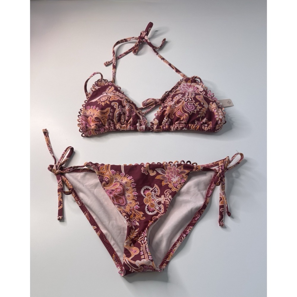 Nanette Lepore Azalea Paisley Swimsuit Bikini Set Size 12 Red Ruffle Tie NWT